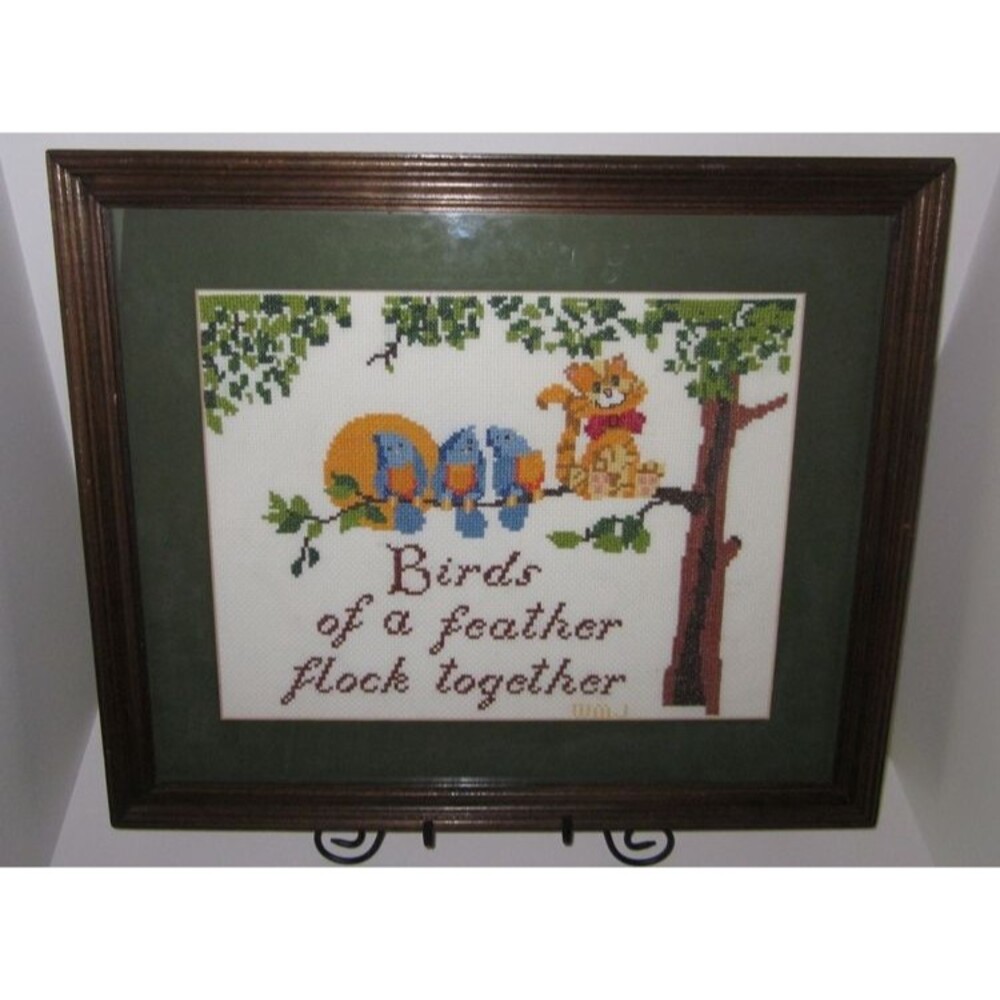 Birds of a Feather Flock Together Needlepoint Blue Birds Cat COMPLETED & FRAMED